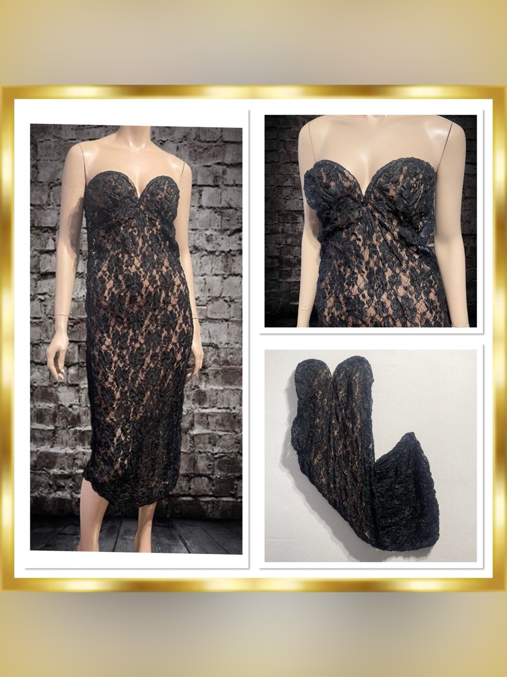 La Perla Black Leavers Lace Strapless Midi Dress with Nude Underlay Med-Lrg